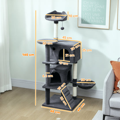 140cm Large Cat Tree Tower with Sisal Scratching Posts, Cat Houses, Plush Perches, Hammock, Ladder, Dark Grey