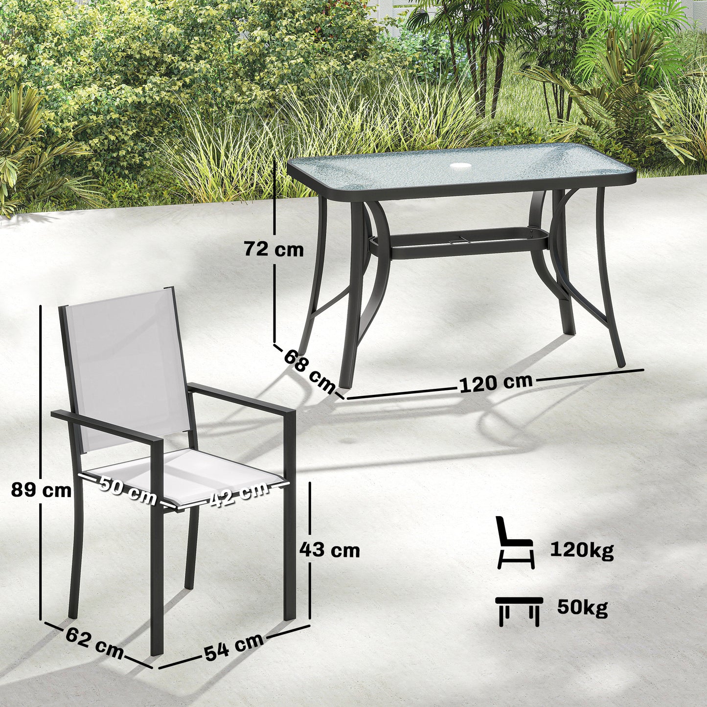 Garden Dining Set for 4 with Umbrella Hole, Stackable Chairs and Rectangular Glass-Top Outdoor Table, Light Grey