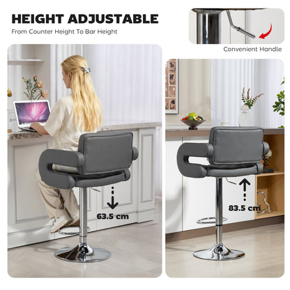 PU Leather Upholstered Swivel Bar Stool, Height Adjustable with Back, Armrest, Footrest, Grey