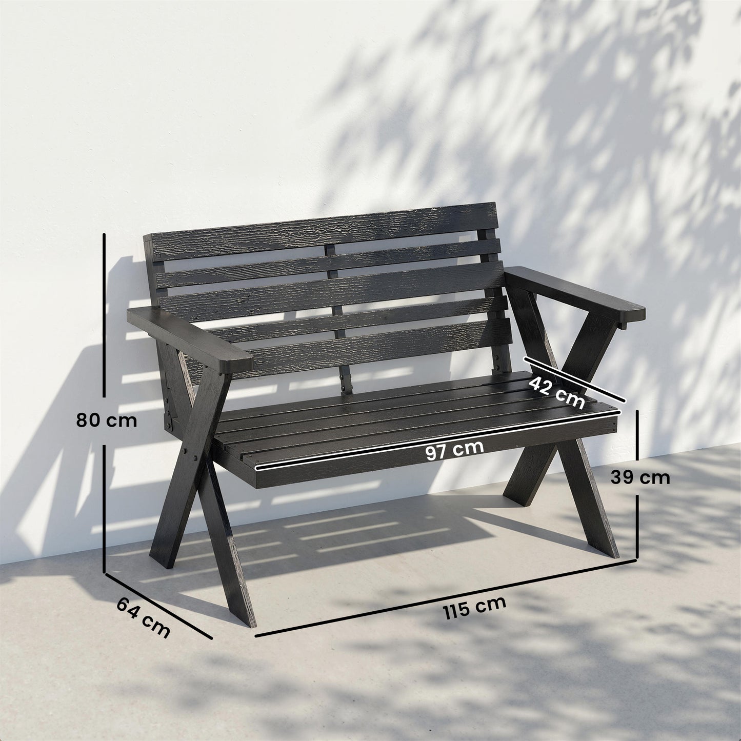 2 Seater Wooden Garden Bench, Slatted Patio Bench with Armrest and Backrest, Black