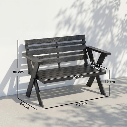 2 Seater Wooden Garden Bench, Slatted Patio Bench with Armrest and Backrest, Black