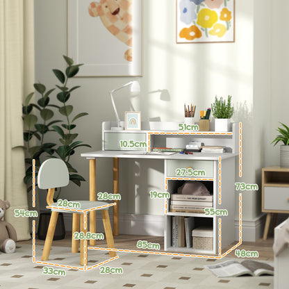 Two-Piece Children Study Table with Hutch, Kids Desk and Chair Set with Storage, Drawer, Shelves, Green