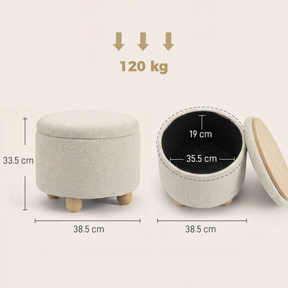 Storage Sitting Bench with Lid, Round Storage Ottoman with Rubberwood Legs, Beige