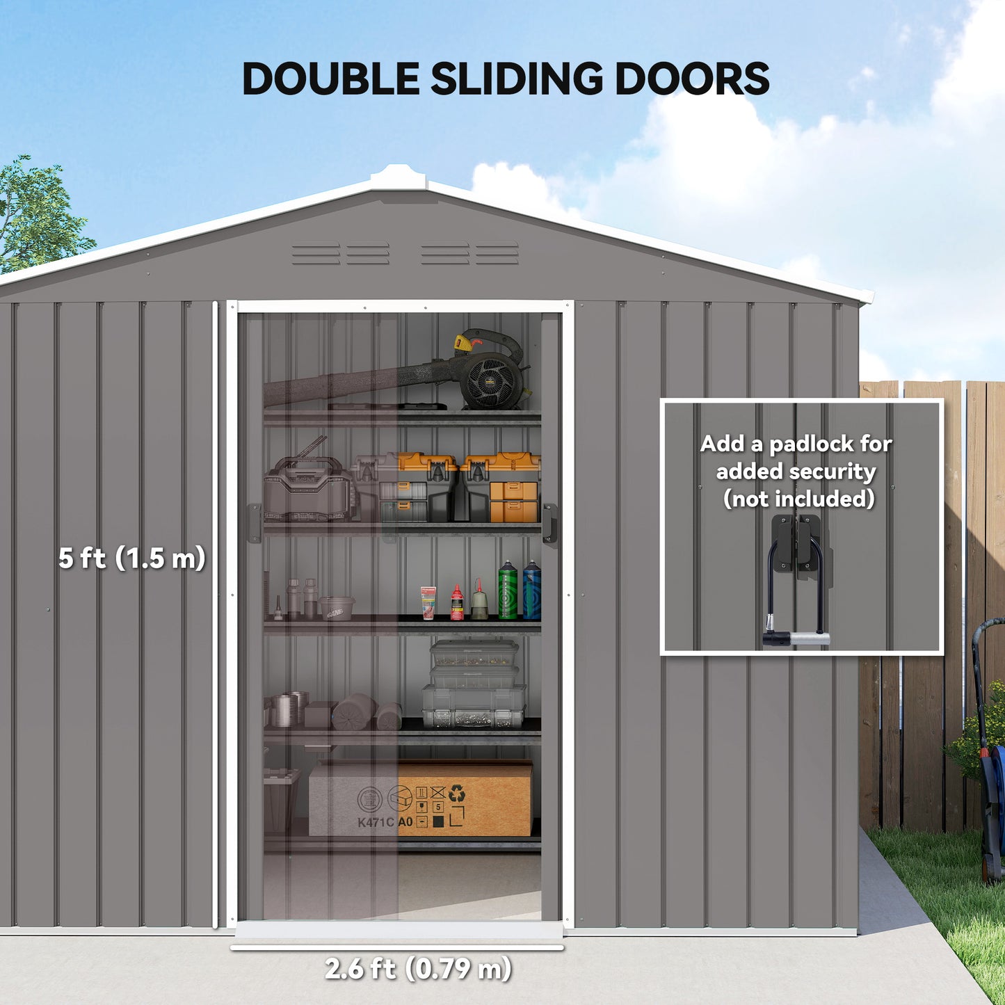 8 x 6ft Galvanised Steel Shed, with Double Door - Light Grey