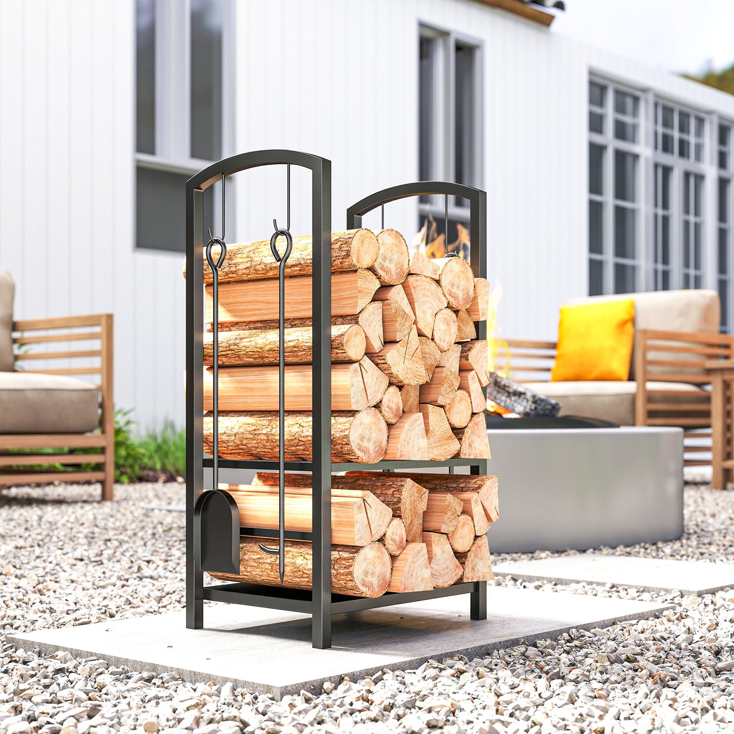 Metal Firewood Log Holder 2 Layer Firewood Rack Indoor Outdoor Fireplace Wood Storage Shelf with 4 Tools and Hooks, Black