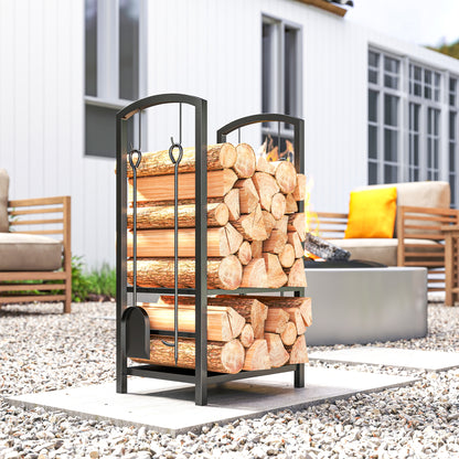 Metal Firewood Log Holder 2 Layer Firewood Rack Indoor Outdoor Fireplace Wood Storage Shelf with 4 Tools and Hooks, Black