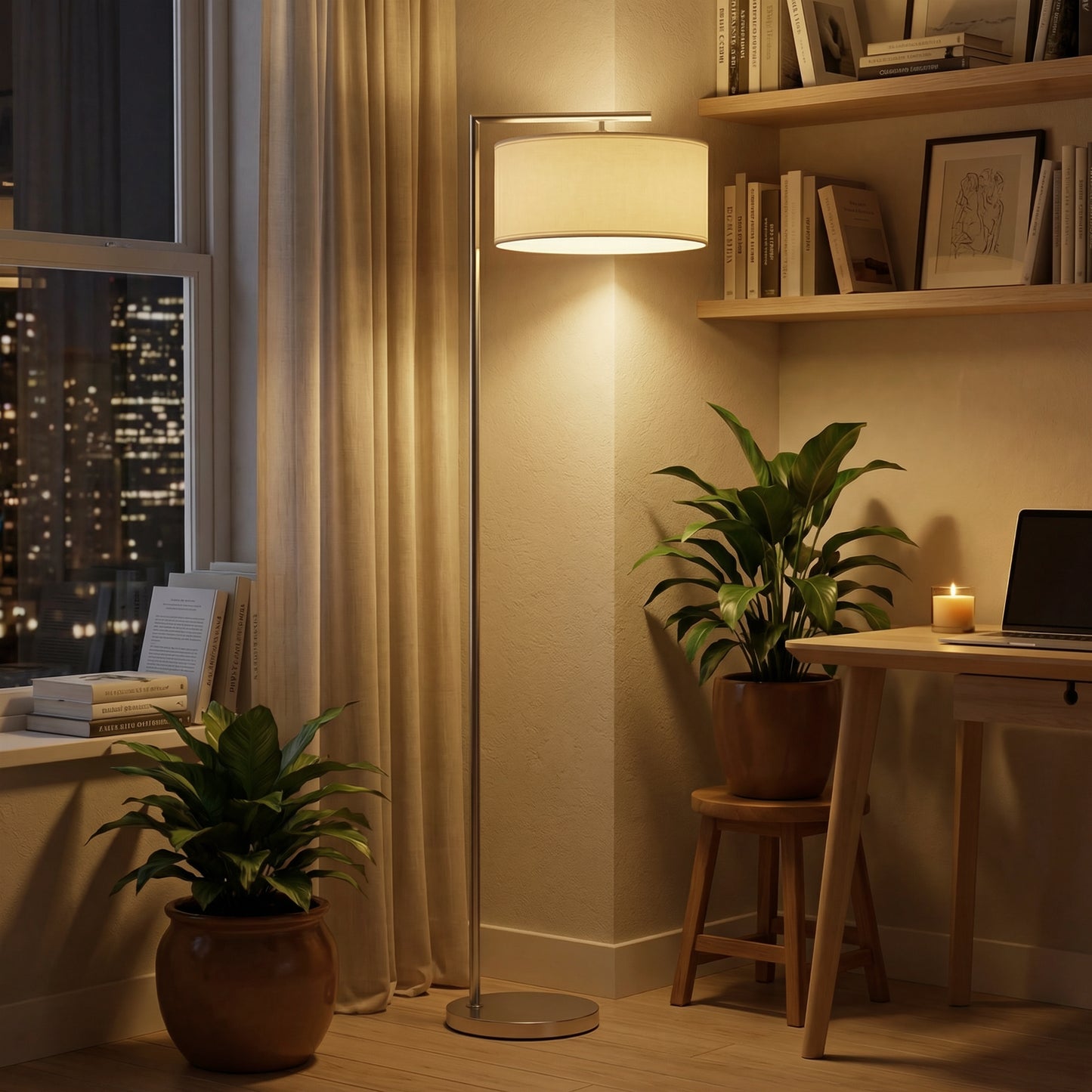 Floor Lamp, Modern Standing Lamp with Linen Lampshade, Round Base for Living Room, Bedroom, Dining Room, 153cm, Silver Tone