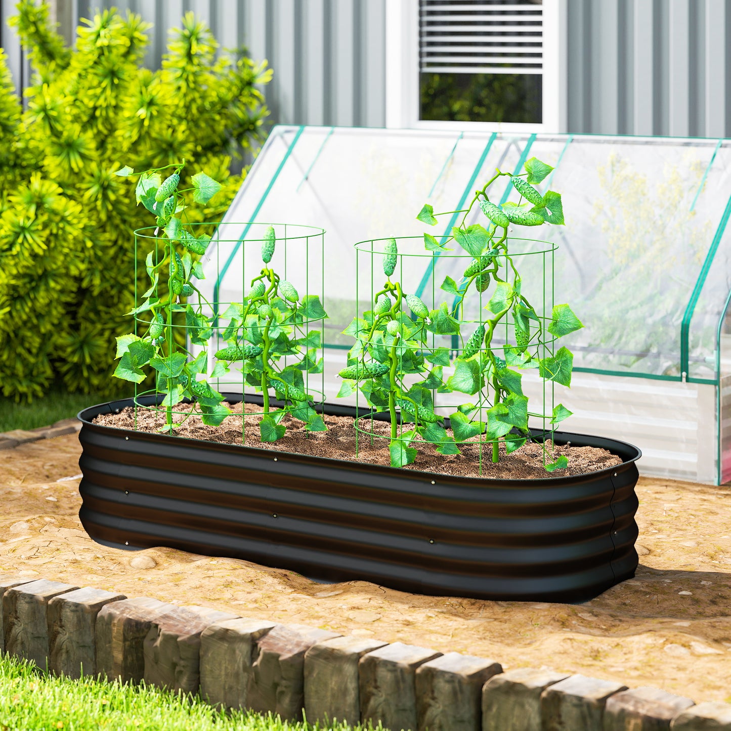 Galvanised Raised Garden Bed, Metal Planter Box with Safety Edging, for Flowers, Herbs, Succulents, Black