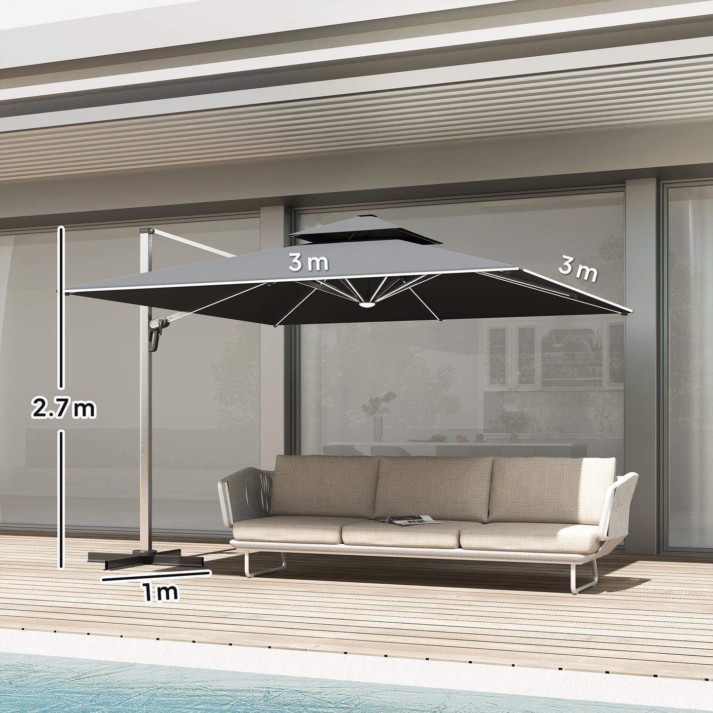 3(m) Garden Cantilever Parasol with Solar LED Lights, Cross Base, 360° Rotation, Crank Handle and Tilt, Grey