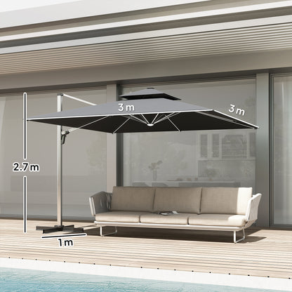 3(m) Garden Cantilever Parasol with Solar LED Lights, Cross Base, 360° Rotation, Crank Handle and Tilt, Grey