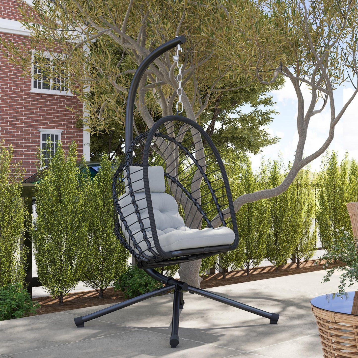 Outdoor PE Rattan Swing Chair with Foldable Basket and Cushion, Garden Patio Hanging Egg Chair with Metal Stand