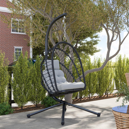 Outdoor PE Rattan Swing Chair with Foldable Basket and Cushion, Garden Patio Hanging Egg Chair with Metal Stand