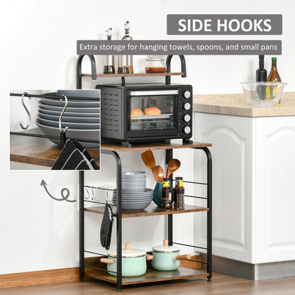 4-Tier Baker's Rack, Microwave Stand with 4 Hooks, Kitchen Storage Unit for Spices, Pots and Pans, Rustic Brown