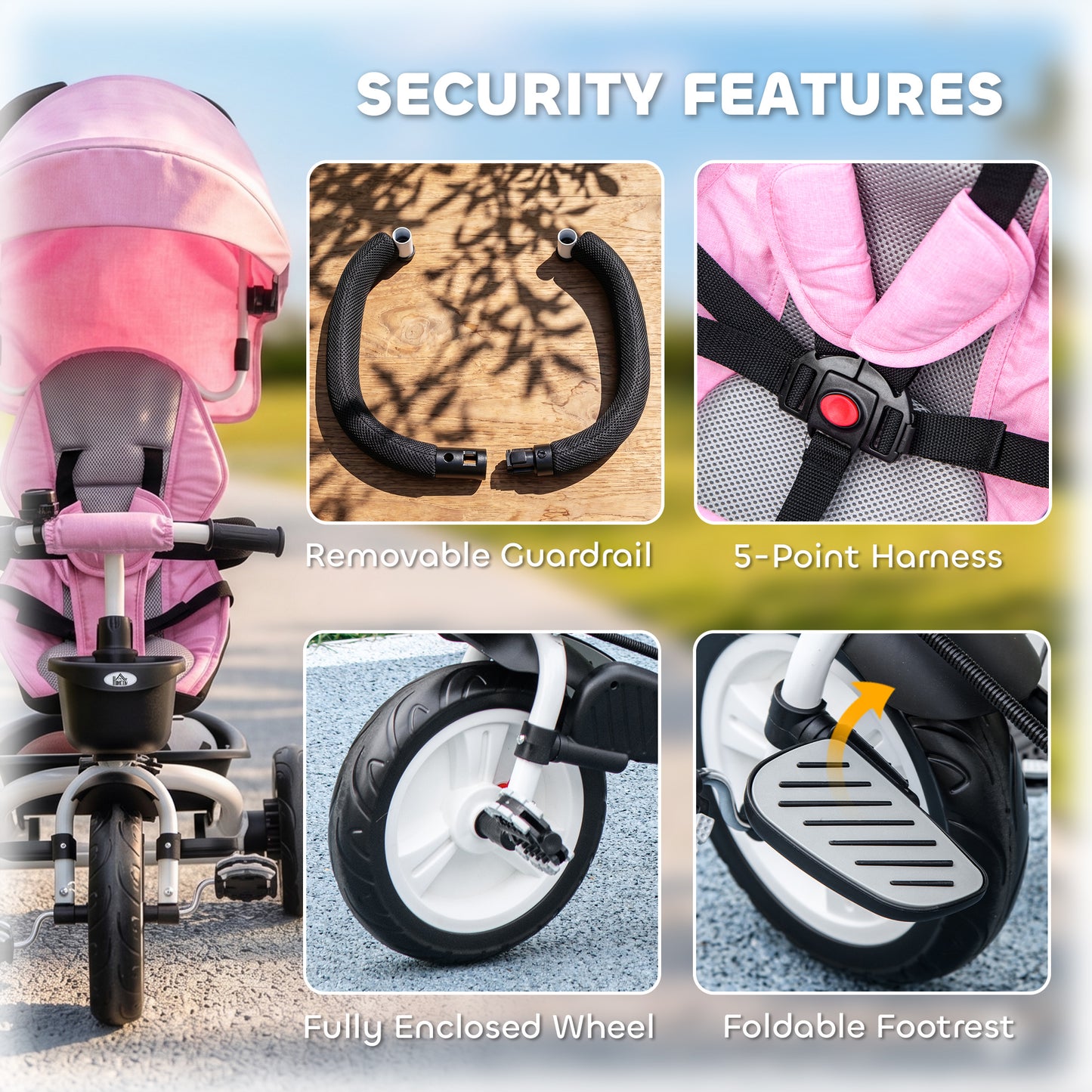 Metal Frame 6 in 1 Baby Push Tricycle with Parent Handle for 1-5 Years Old, Pink