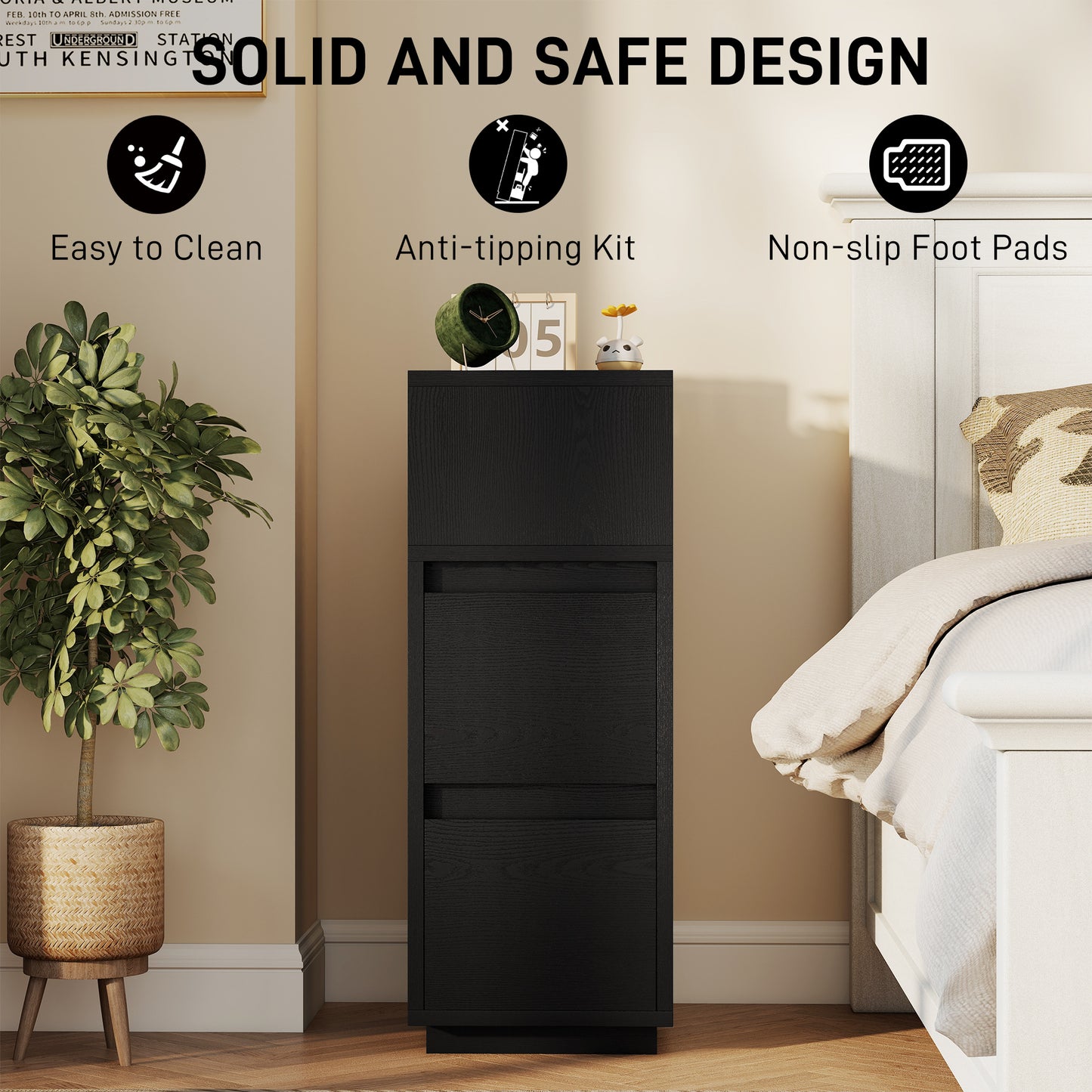 Slim Bedside Table, Narrow Bedside Cabinet with Open Shelf and 2 Drawers for Bedroom, Living Room, Black