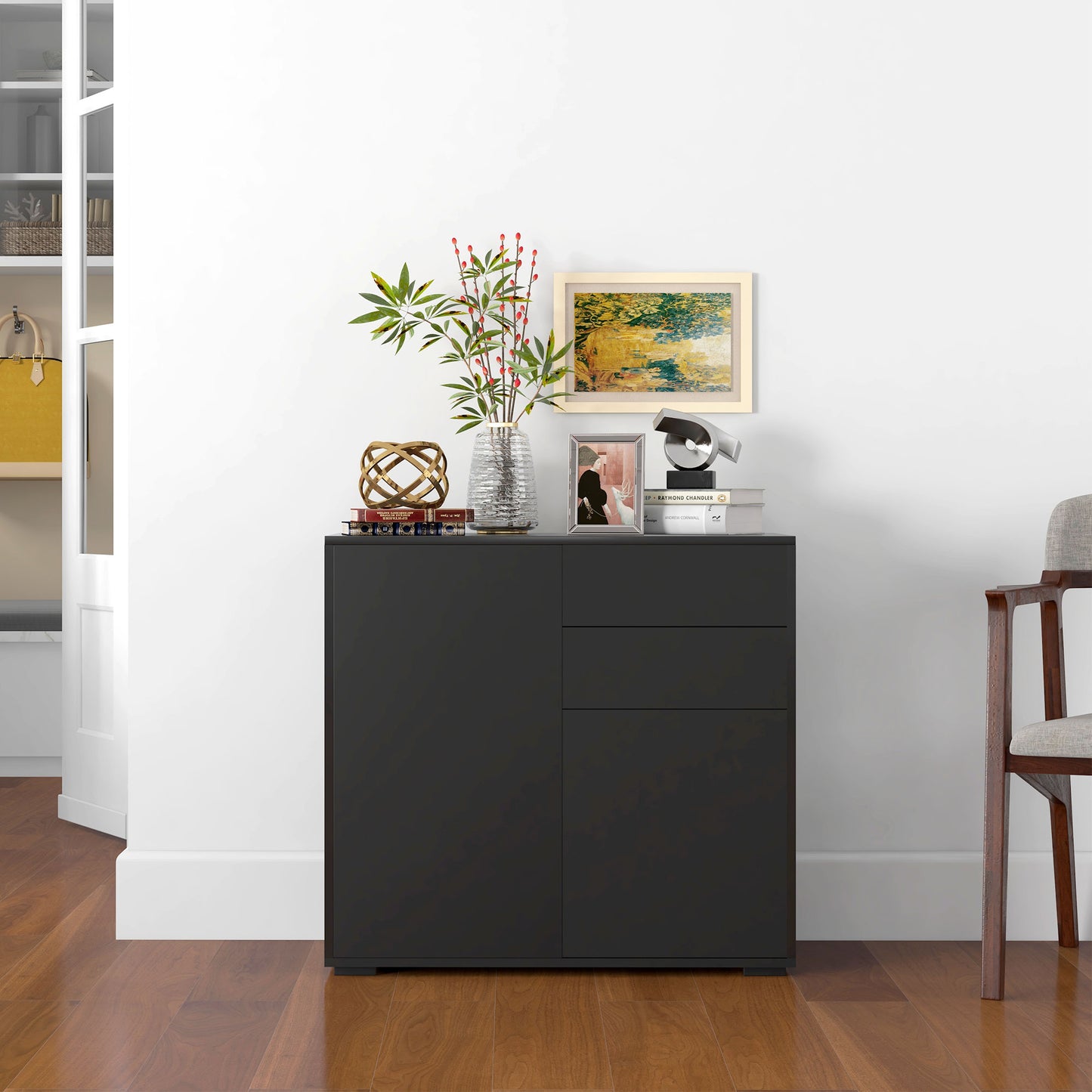 High Gloss Frame Sideboard, Push-Open Design with 2 Drawers for Living Room, Bedroom, 74H x 79W x 36Dcm, Black