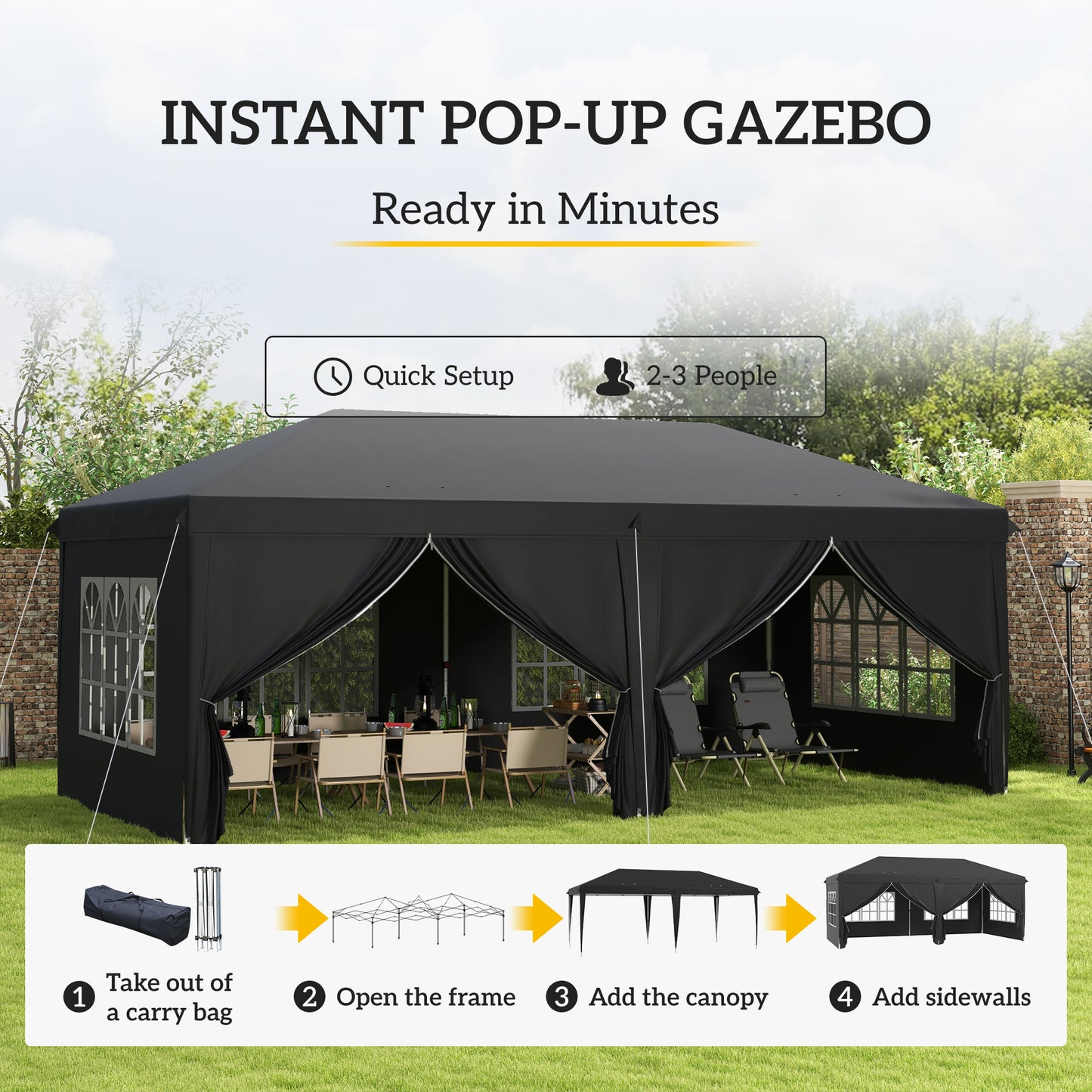 3 x 6 m Pop Up Gazebo with Sides and Windows, Height Adjustable Wedding Camping Party Tent Canopy Marquee with Storage Bag fo