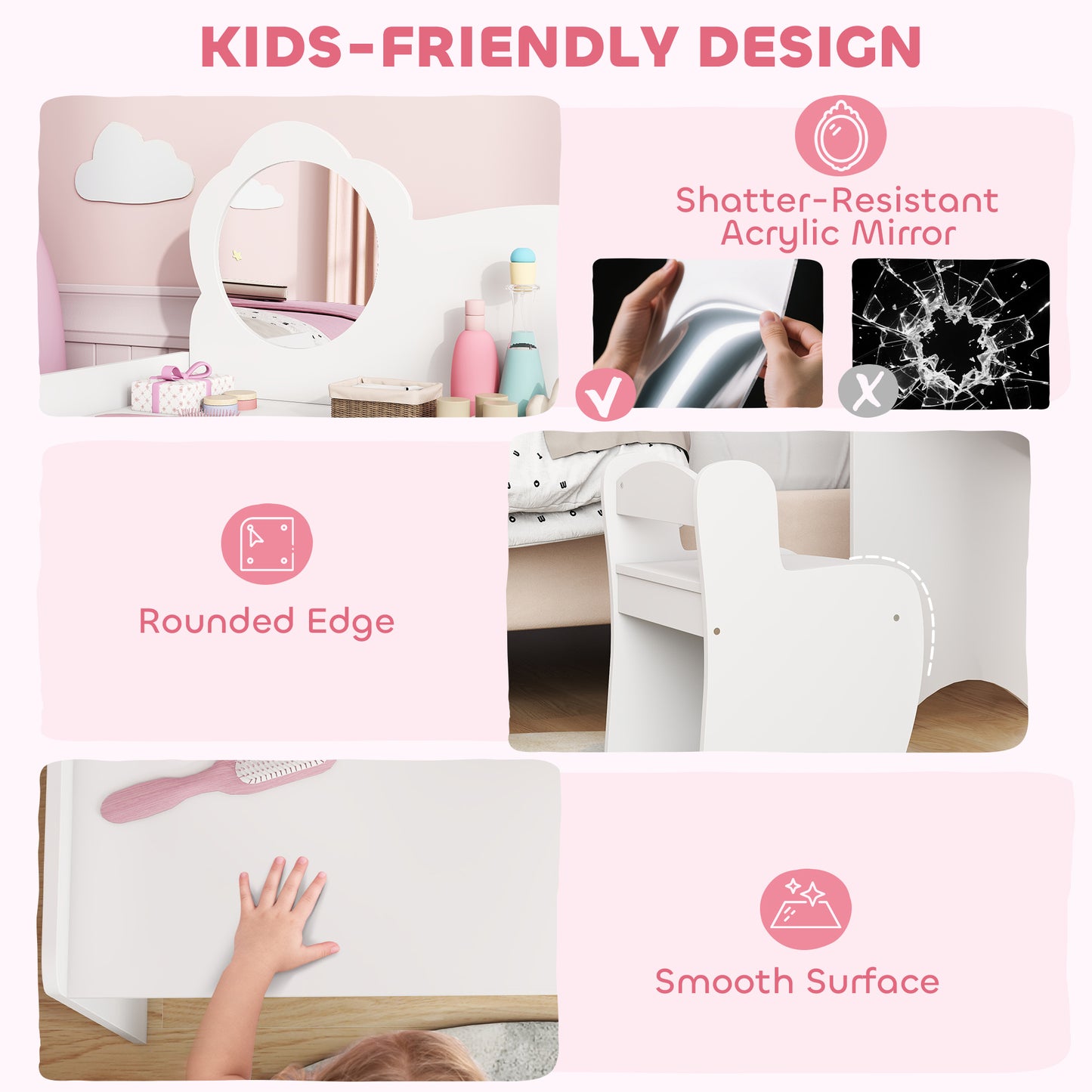 Kids Dressing Table with Mirror, Stool, Kids Vanity Table with Shelves, for Ages 3-8 Years, White