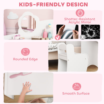 Kids Dressing Table with Mirror, Stool, Kids Vanity Table with Shelves, for Ages 3-8 Years, White