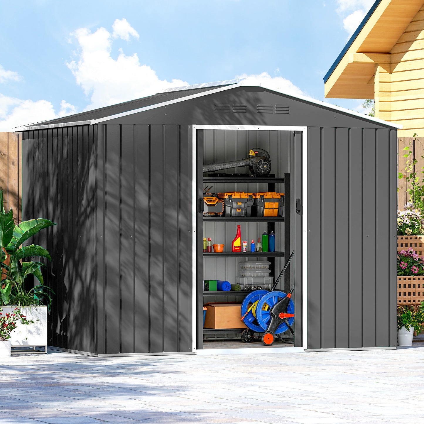 8 x 6ft Galvanised Steel Shed, with Double Door - Dark Grey