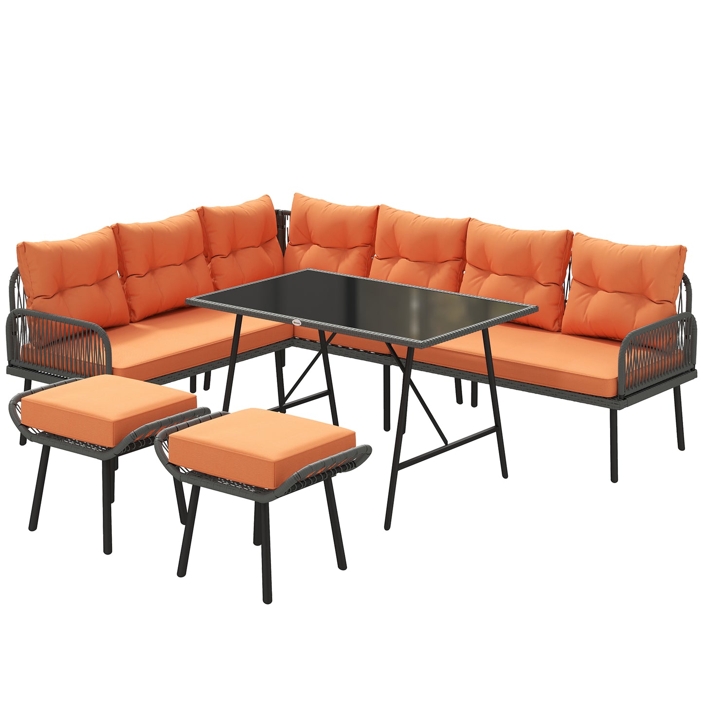 6 Piece Rattan Garden Furniture Set, 8 Seater Garden Corner Sofa with Cushions and Glass Top Table, Orange