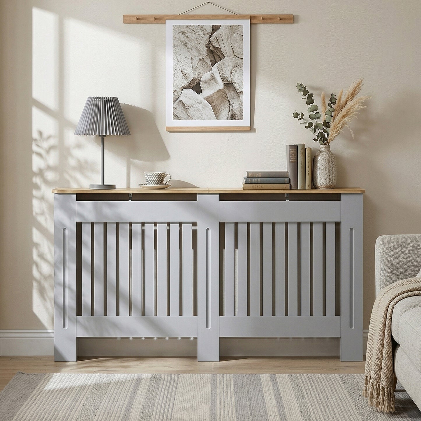 Slatted Radiator Cover, Painted Cabinet with Line Grill Design, 152L × 19W × 81H cm, Grey
