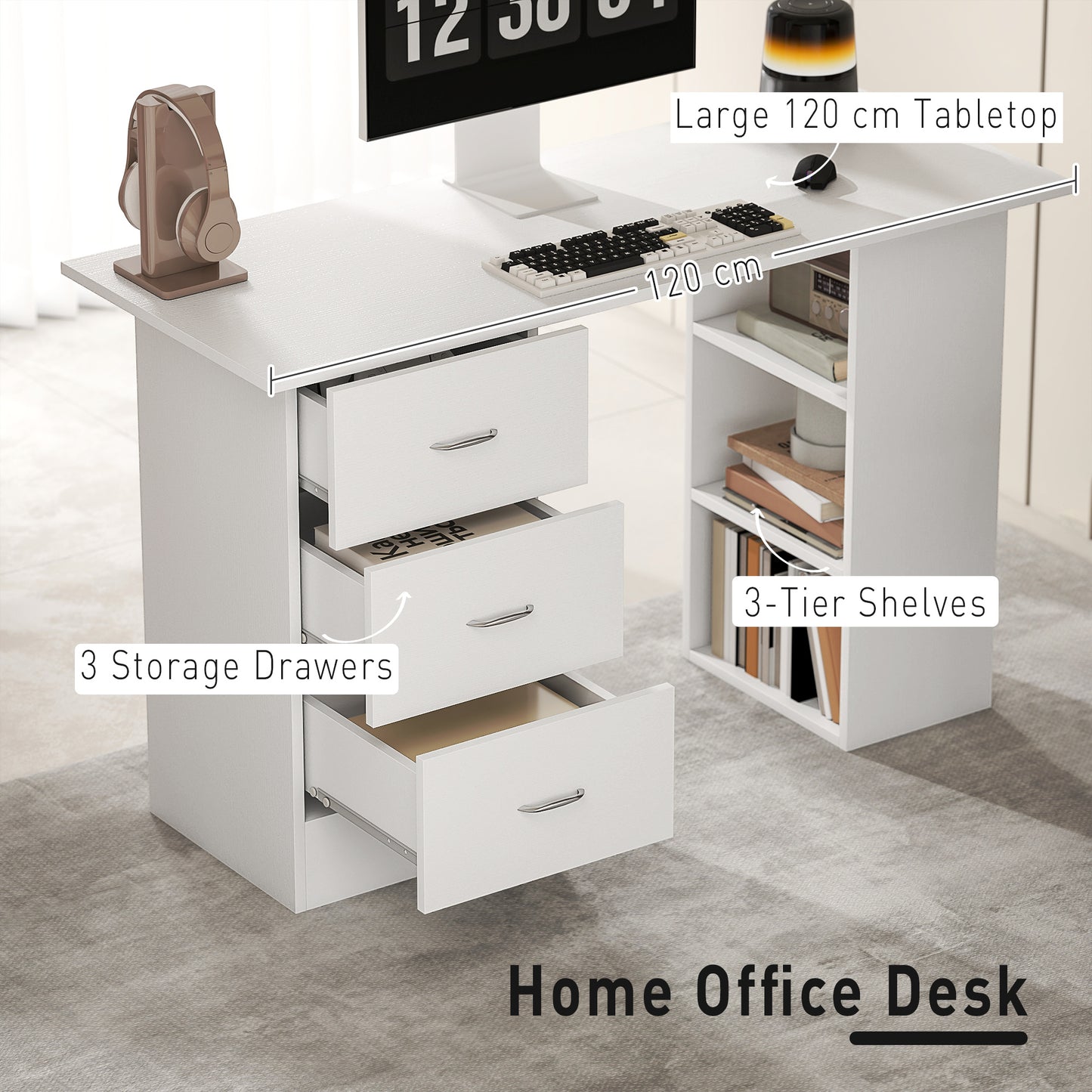 Computer Desk, Home Office Desk, Writing Table, PC Workstation with 3 Storage Shelves and 3 Drawers for Working, Study