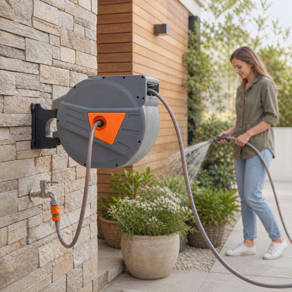 Retractable Hose Reel Wall Mounted, 40+2m Garden Hose Pipe Reel with Auto Retraction, Self-Locking, Orange