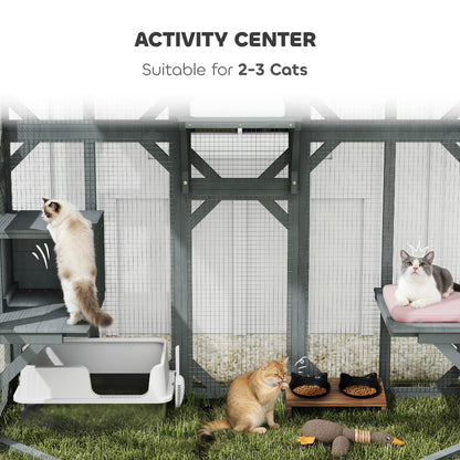 Catio Outdoor Cat Enclosure, Wooden Cat House with Platforms, Condo and Waterproof Cover for 2–3 Kittens, Grey