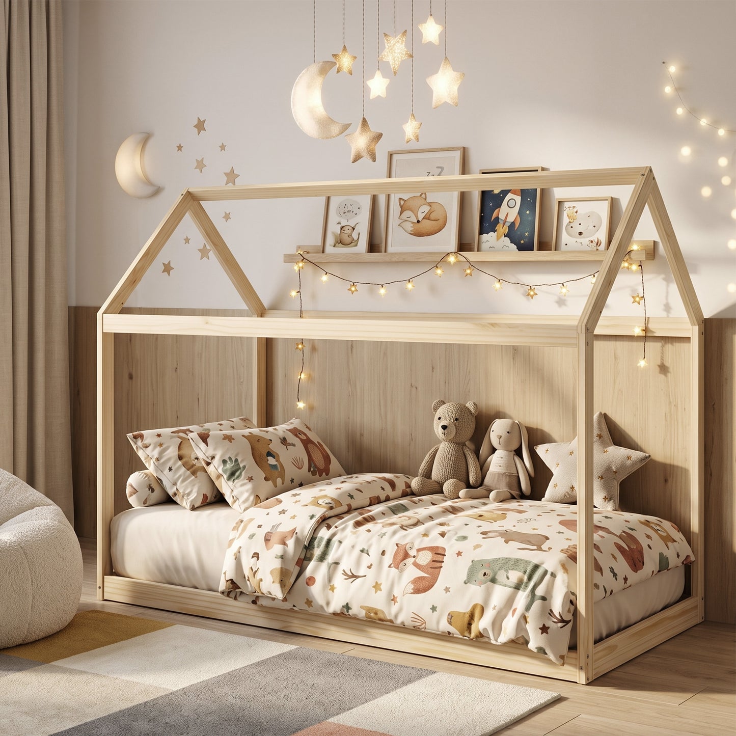 Single Bed Frame, House Scandinavian Wooden Bed Frame for 90W x 190Dcm Mattress, Pine Wood Bed Base, Natural Wood Finish