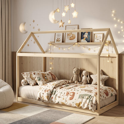 Single Bed Frame, House Scandinavian Wooden Bed Frame for 90W x 190Dcm Mattress, Pine Wood Bed Base, Natural Wood Finish