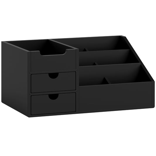 Desk Organiser Holder, Bamboo Multi-Function Storage Caddy with 7 Storage Compartments and 2 Drawers for Home Office Stationa