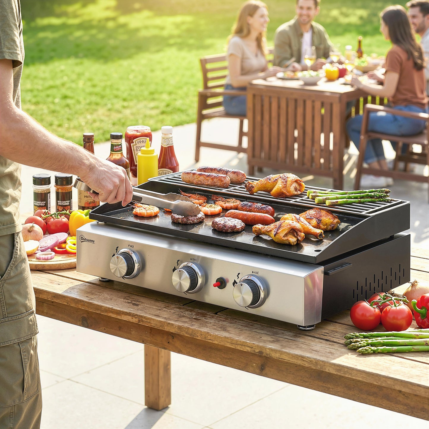 3 Burner Grill Griddle, Portable Gas Plancha with Warming Rack, 7.5 kW, Tabletop Gas BBQ with Grease Cup, Black