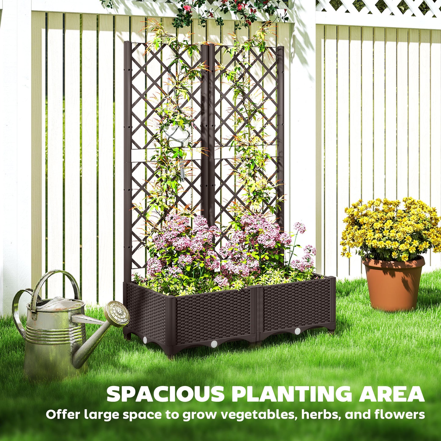 Raised Garden Bed with Trellis, Plastic Planter Box with Drainage Holes