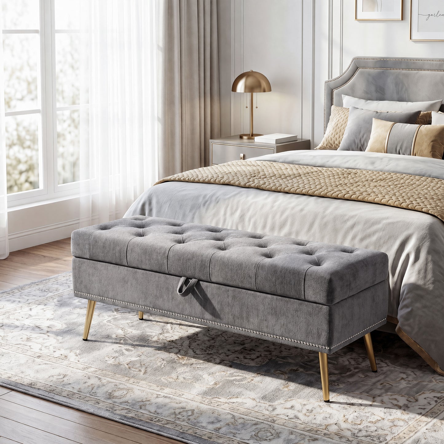 Storage Ottoman, Chenille Upholstered Ottoman Storage Box with Padded Seat, Metal Legs, 114 x 41 x 45 cm, Grey