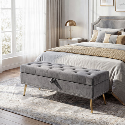 Storage Ottoman, Chenille Upholstered Ottoman Storage Box with Padded Seat, Metal Legs, 114 x 41 x 45 cm, Grey