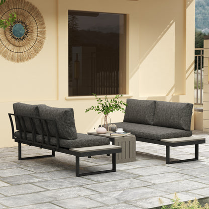 4 Seater L Shaped Aluminium Sectional Garden Furniture Set with 2 Loveseats and Wood-Plastic Coffee Table - Dark Grey