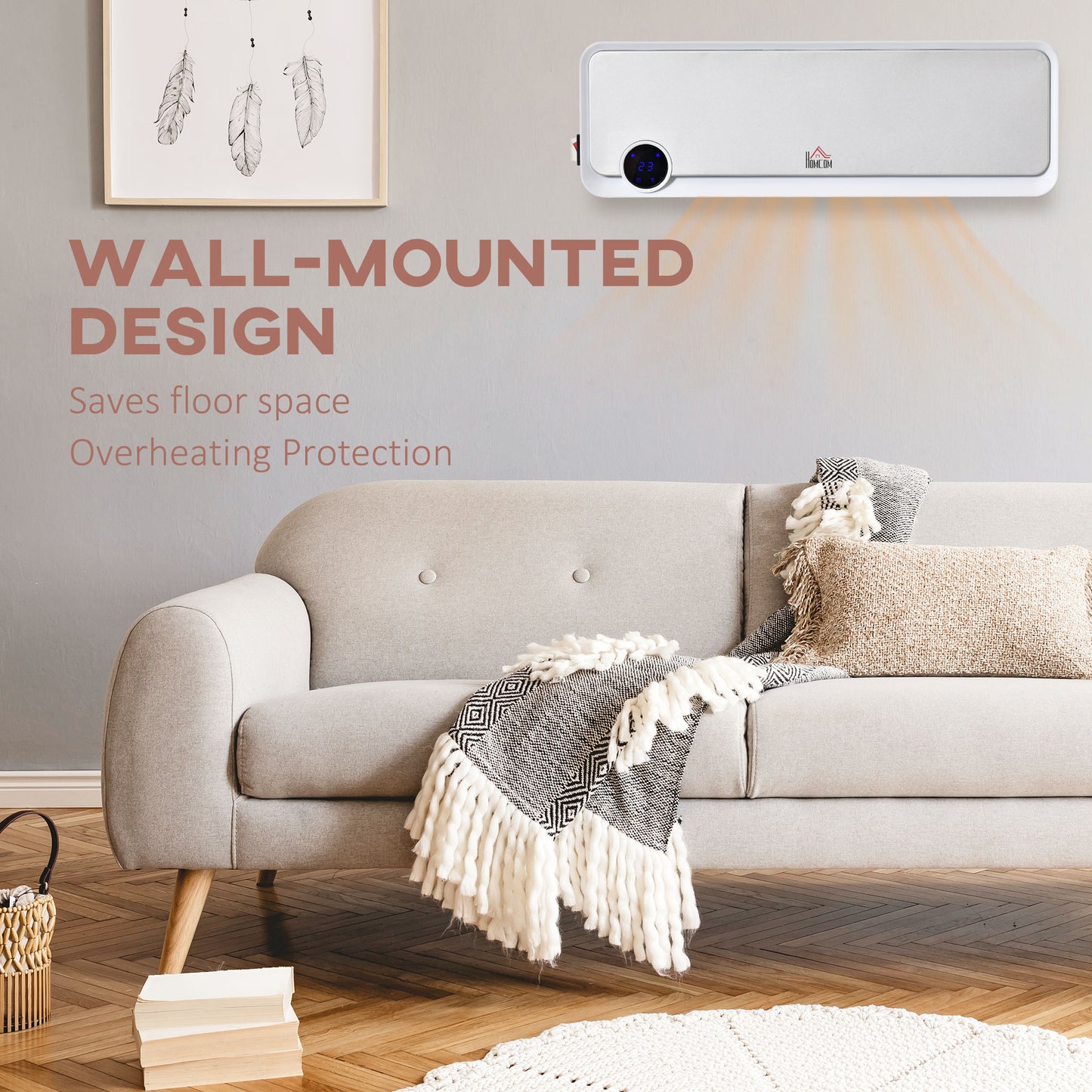 Wall Downflow Heater 2 Heat and Fan 1000W/2000W, Electric Space Heater with Timer Remote Oscillating