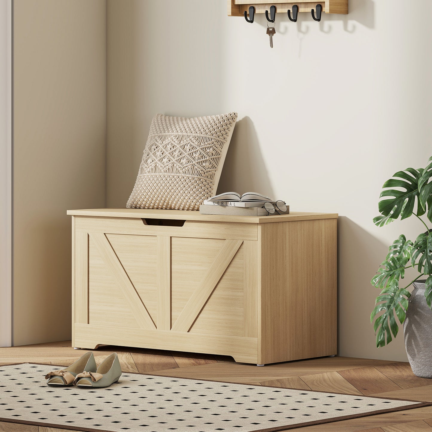 100L Home Storage Box, with Safety Hinge - Natural Wood Finish