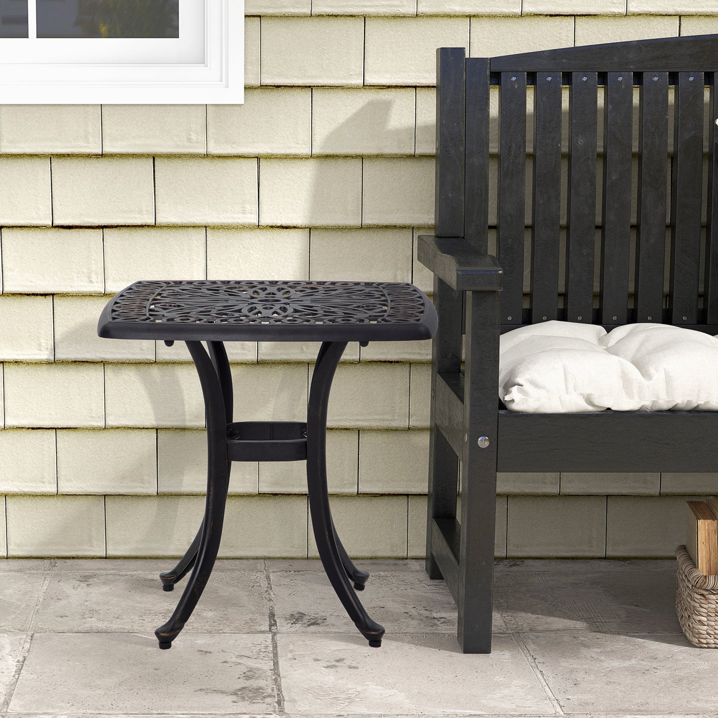 Cast Aluminium Bistro Table, Outdoor Square Side Table with Umbrella Hole, Garden Table for Balcony, Bronze Tone