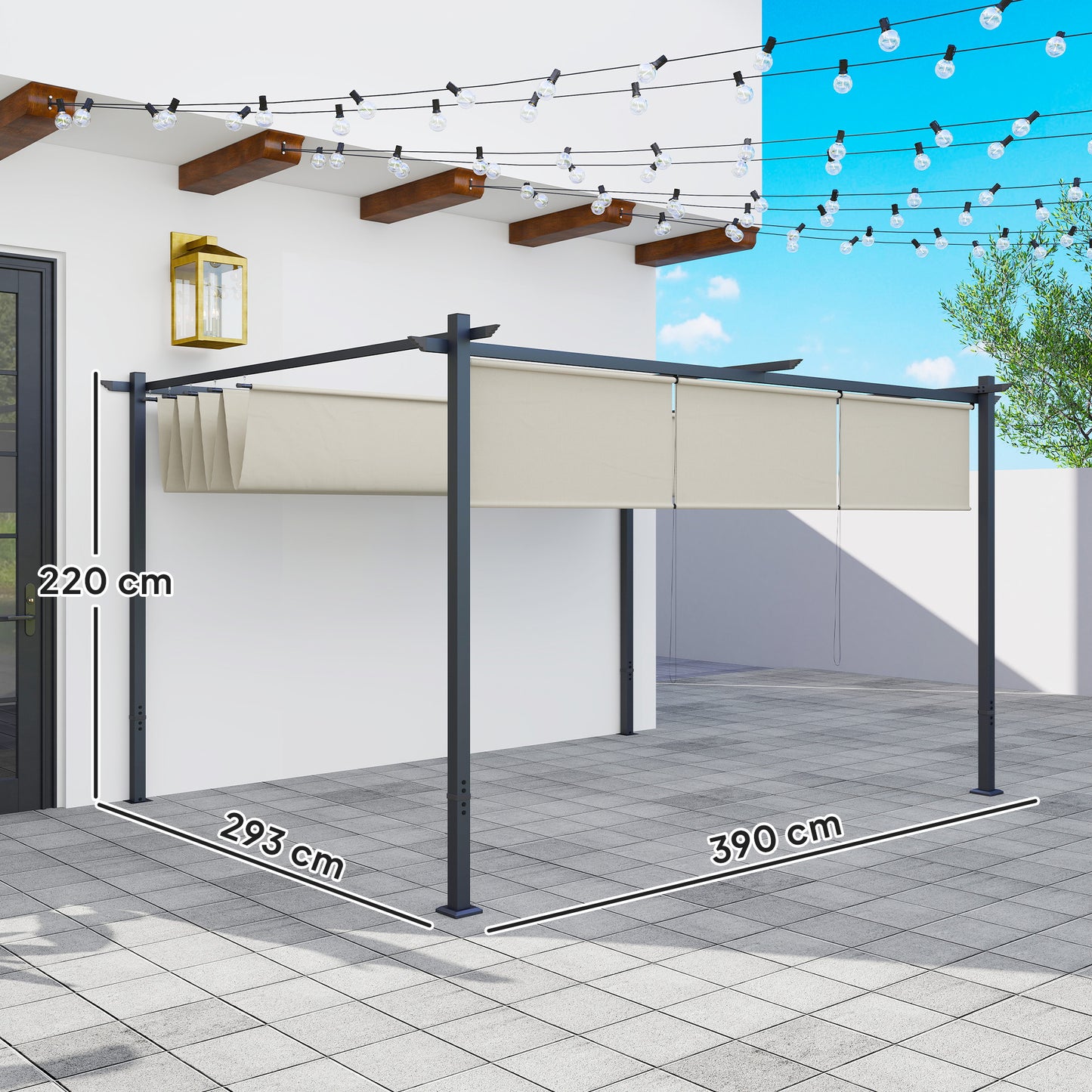 3 x 4m Metal Pergola with Retractable Roof and Roller Shade, Free Standing Gazebo Canopy Pergola Kit
