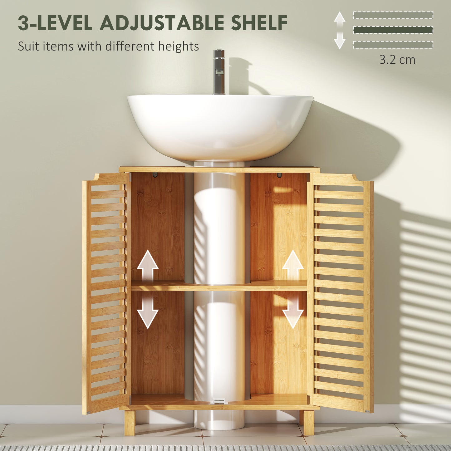 Under Sink Bathroom Cabinet, Freestanding Bamboo Under Sink Cabinet with Louvered Doors and Adjustable Shelf, Natural