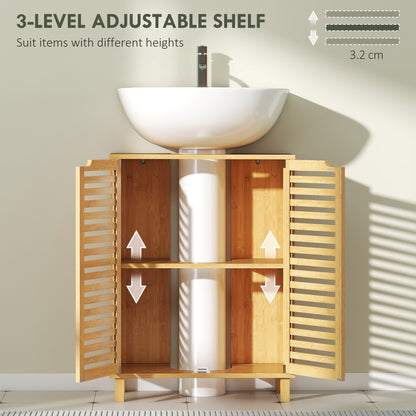 Under Sink Bathroom Cabinet, Freestanding Bamboo Under Sink Cabinet with Louvered Doors and Adjustable Shelf, Natural