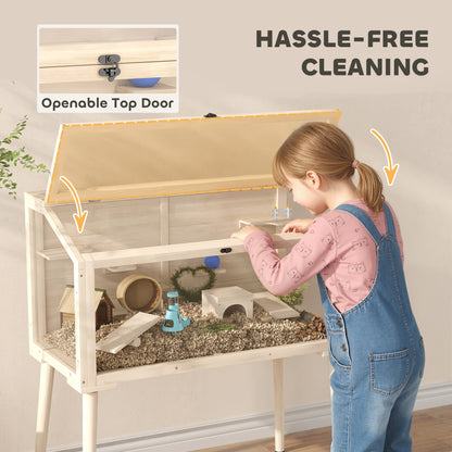 Wooden Hamster Cage, Hamster Habitat with Openable Top, Seesaws, Platforms, Water Bottle for Gerbils, 110 x 52 x 101 cm