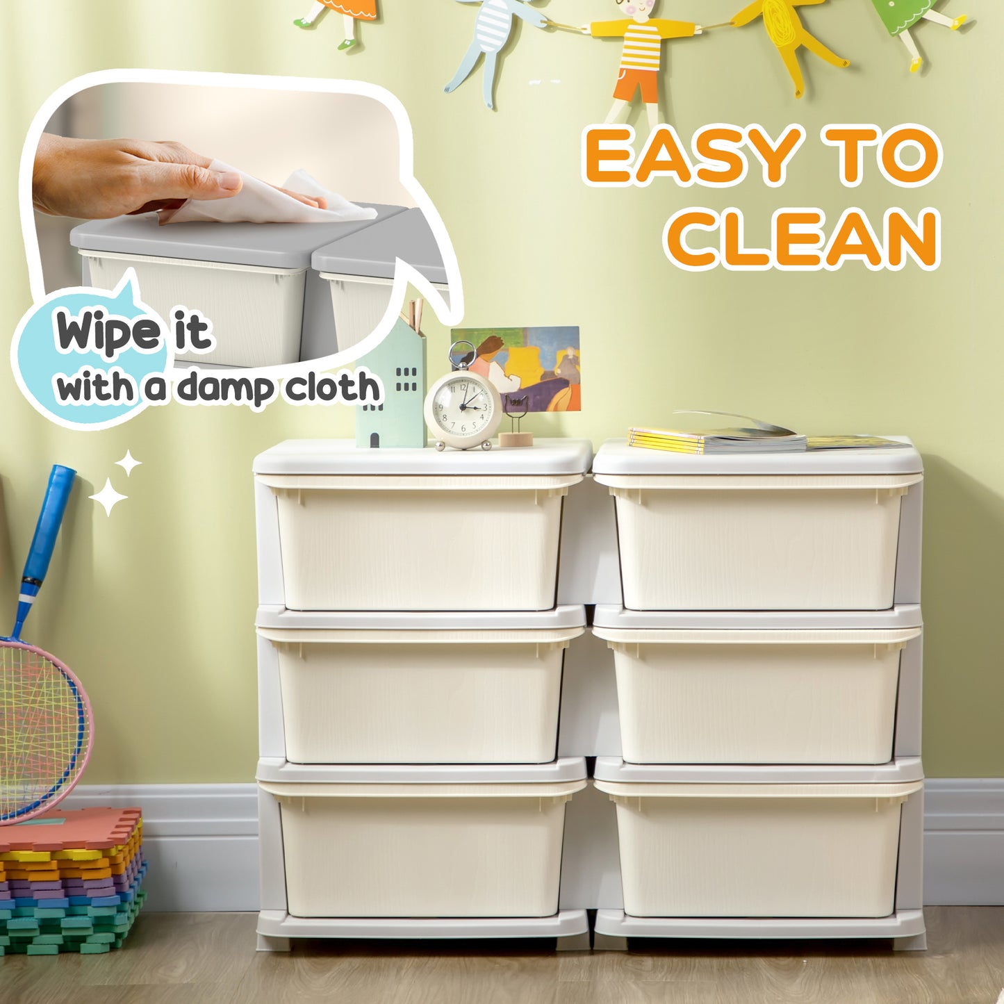 Kids Storage Unit, with Six Drawers - Cream