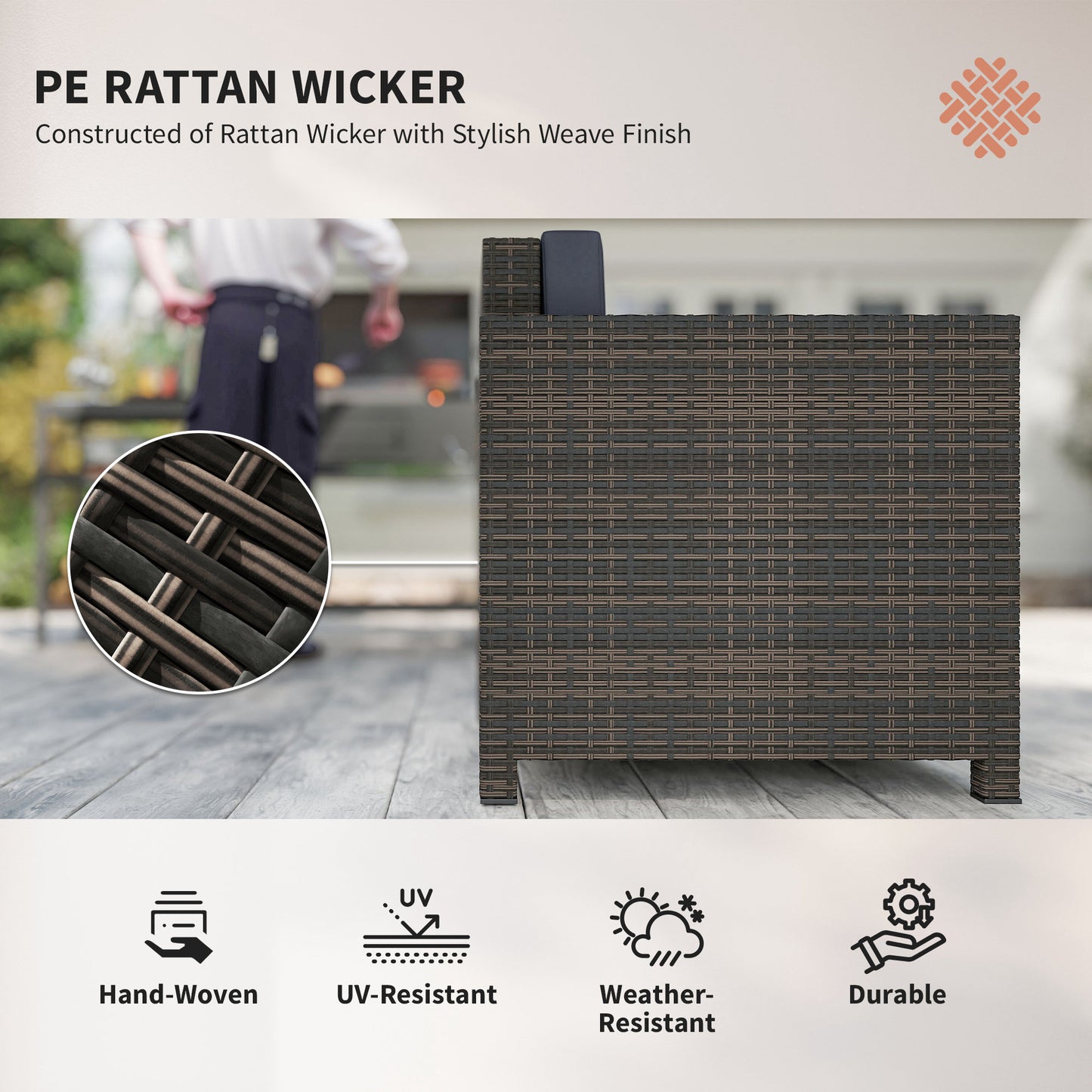 PE Rattan Garden Armchair with Cushion - Mixed Brown/Navy Blue