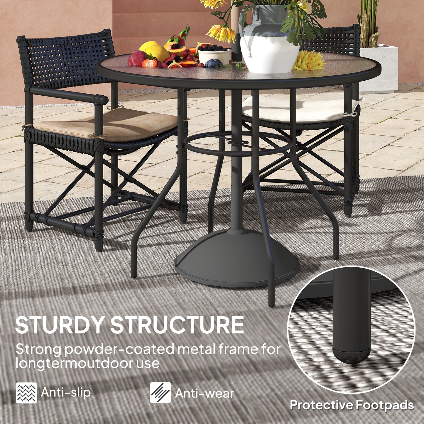 Glass-Top Garden Table, with Parasol Hole - Black