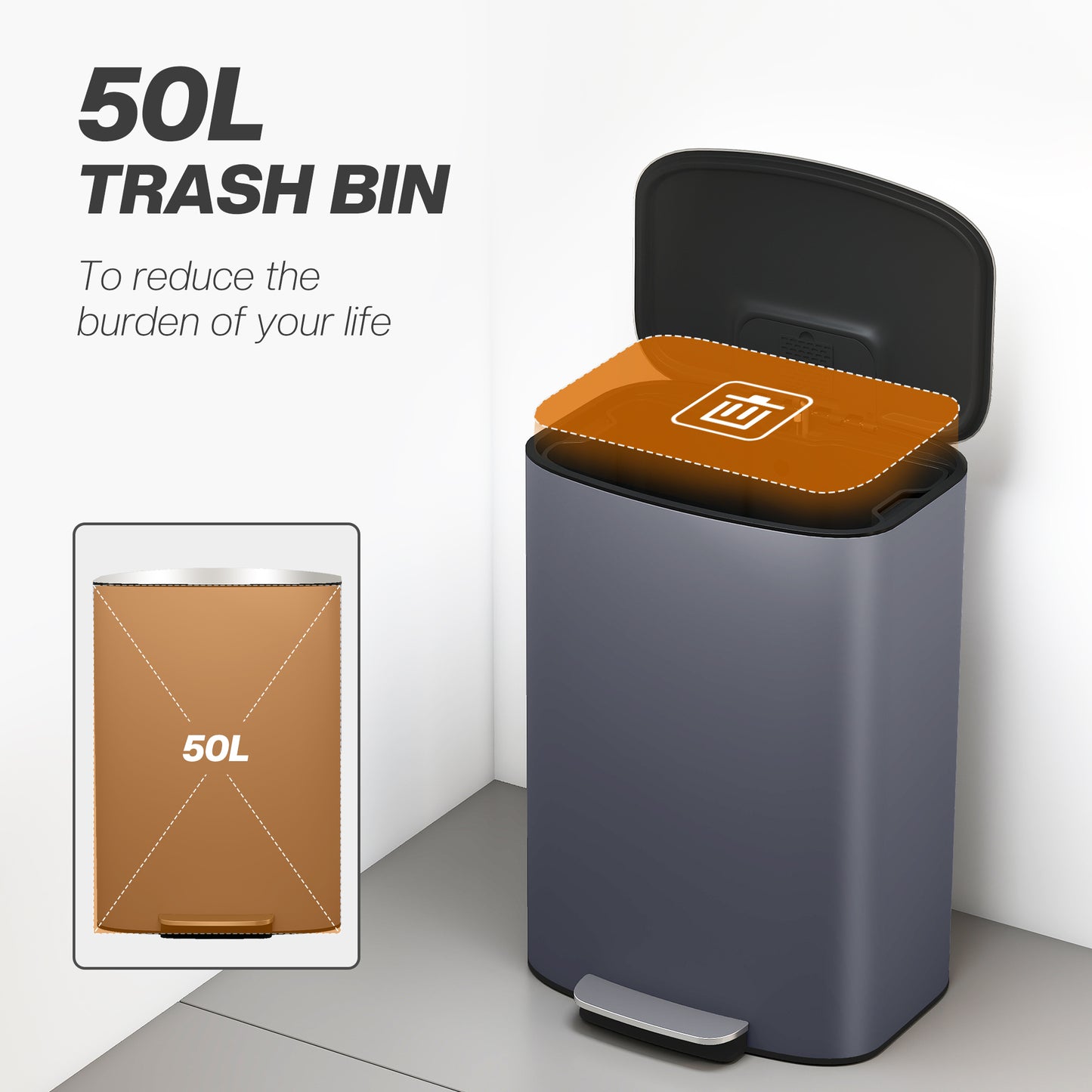 50L Kitchen Bin with Soft-Close Lid and Stay-Open Function, Stainless Steel Pedal Bin with Removable Inner Bucket