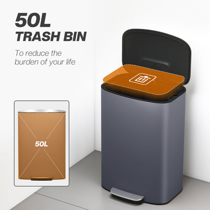 50L Kitchen Bin with Soft-Close Lid and Stay-Open Function, Stainless Steel Pedal Bin with Removable Inner Bucket