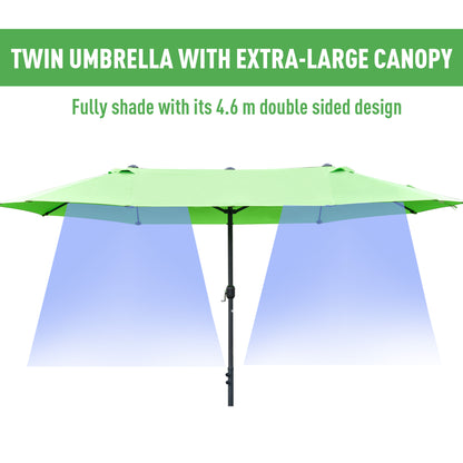 4.6M Sun Umbrella Canopy Double-sided Crank Sun Shade w/ Cross Base Green